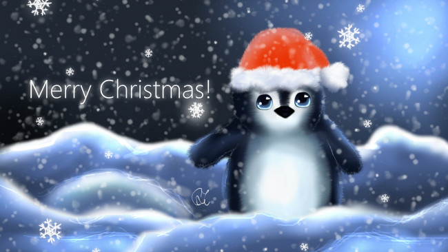 Обои картинки фото праздничные, векторная, графика, новый, год, снежинки, пингвин