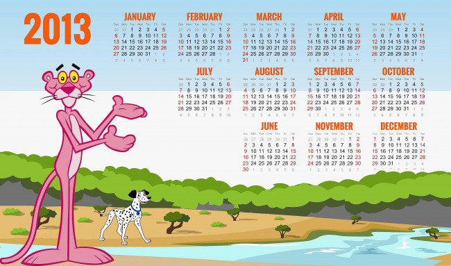 Обои картинки фото календари, кино, мультфильмы, pink, panther, далматин, пожелания, 2013, calendar, dalmatian, best, wishes