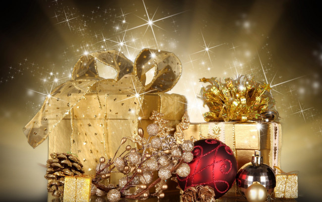 Обои картинки фото праздничные, разное, новый, год, шишки, шарики, подарки, банты, коробки