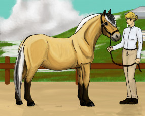 Картинка рисованное животные +лошади небо холмы забор всадник лошадь