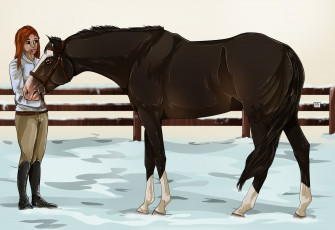 обоя рисованное, животные,  лошади, грива, всадник, лошадь, снег, забор