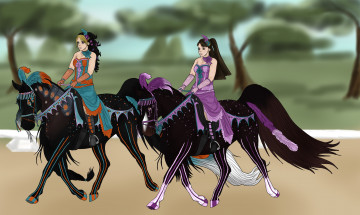 Картинка рисованное животные +лошади прогулка всадники лошади