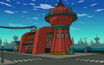 Картинка рисованное кино здание улица planet express футурама futurama