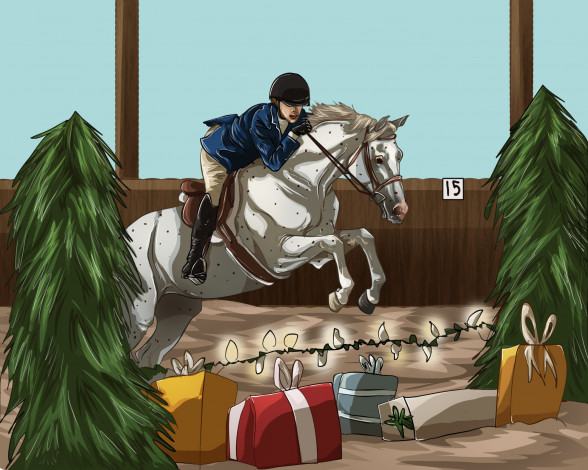 Обои картинки фото рисованное, животные,  лошади, соревнования, лошадь, всадник