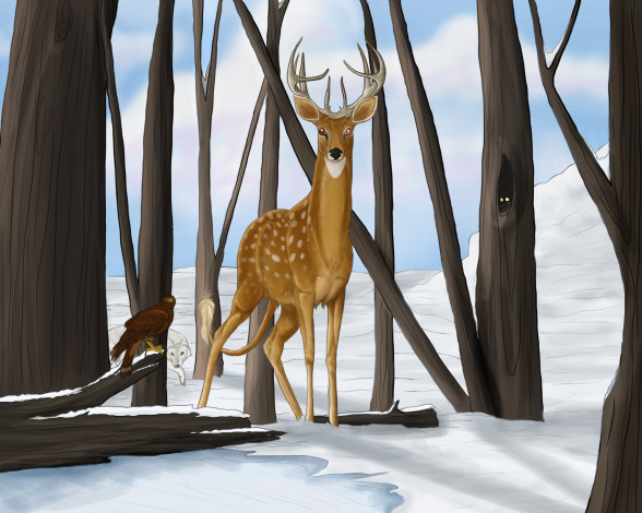 Обои картинки фото рисованное, животные,  олени, снег, олень, лес, рога, деревья, птица, волк