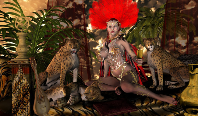 Обои картинки фото 3д графика, фантазия , fantasy, девушка, тигры, вино, взгляд, перья