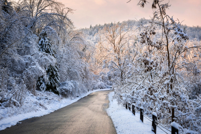 Обои картинки фото природа, зима, снег, дорога, деревья, лес, небо, пейзаж, forest, road, nature, winter, sky, white, beautiful, cool, nice, snow, sunset, path, trees