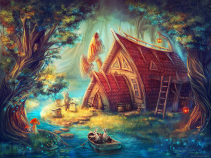 Картинка фэнтези иные+миры +иные+времена лес сказочный мир иной домик речка зверьки