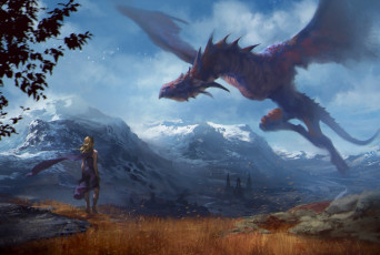 Картинка фэнтези красавицы+и+чудовища горы крылья взгляд дракон девушка фантастика арт
