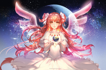 Картинка аниме ангелы +демоны madokami рыжая платье планета сфера крылья арт девушка anime