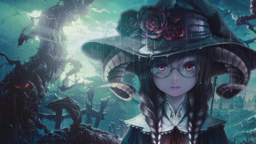 Картинка аниме ангелы +демоны unidcolor шляпа bouno satoshi очки мрак девочка ужас