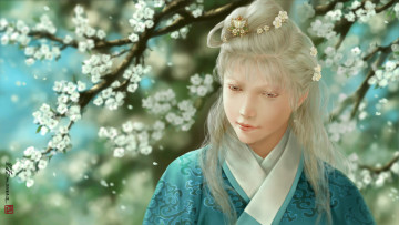 Картинка фэнтези девушки заколка кимоно цветы девушка альбинос dtjun арт