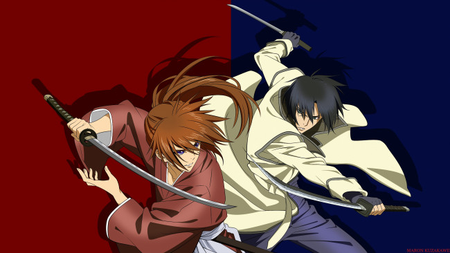 Обои картинки фото аниме, rurouni kenshin, aoshi, shinomori, оружие, himura, мужчина, меч, kenshin, самурай