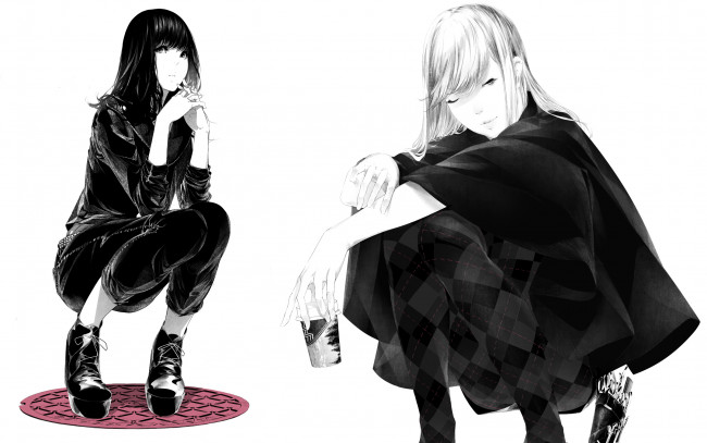 Обои картинки фото аниме, unknown,  другое, art, sawasawa, девушки, сидят, люк, ножницы, стакан