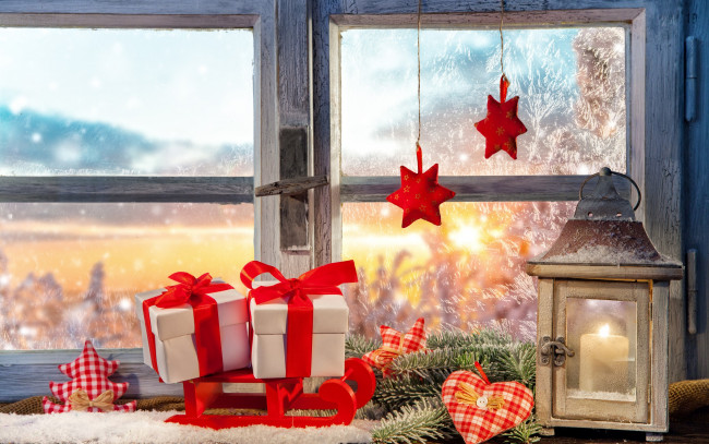 Обои картинки фото праздничные, подарки и коробочки, украшения, подарки, фонарь, декорация, окно