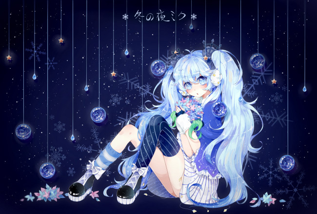 Обои картинки фото аниме, vocaloid, снежинки, девочка, арт, hatsune, miku