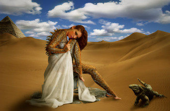 Картинка фэнтези фотоарт пустыня существо взгляд фон девушка