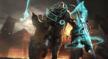 Картинка фэнтези роботы +киборги +механизмы взрыв фантастика разведчик шлем броня костюм
