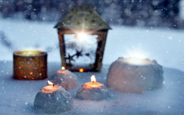 обоя праздничные, новогодние свечи, огоньки, снег