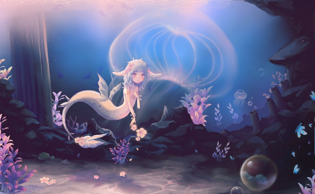 Обои картинки фото аниме, животные,  существа, цветы, подводный, мир, ушки, медуза, пузыри, русалка