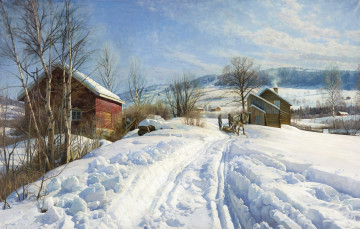Картинка рисованное живопись снег зима дома лошадь