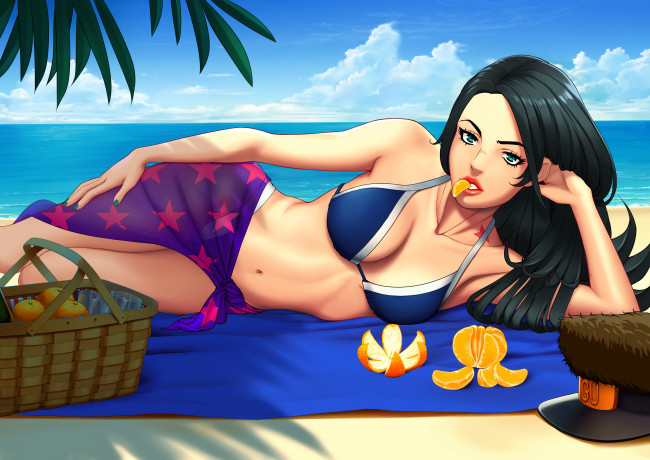 Обои картинки фото рисованное, люди, апельсин, девушка, пляж, купальник, море, фон, взгляд