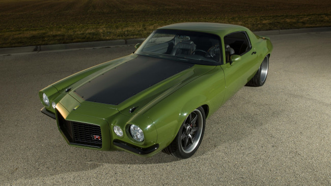 Обои картинки фото автомобили, camaro, chevrolet, 2012, green, front, 1970, side, grinch, ringbrothers