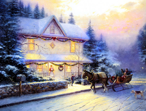 Обои картинки фото рисованное, thomas kinkade, дом, снег, деревья, люди, сани, лошадь