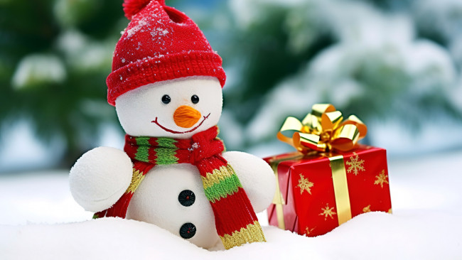 Обои картинки фото праздничные, снеговики, снег, снеговик, подарок