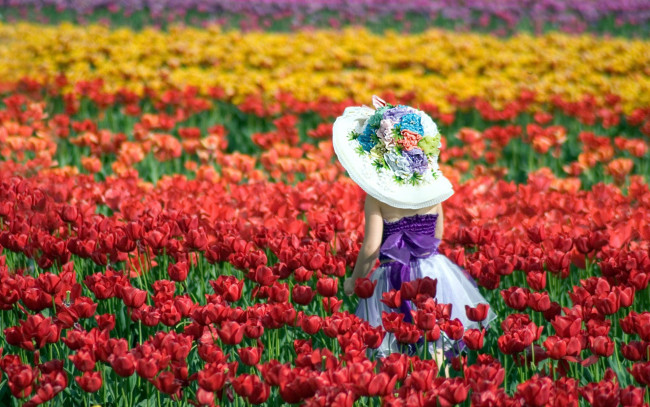 Обои картинки фото разное, дети, девочка, шляпа, поле, тюльпаны