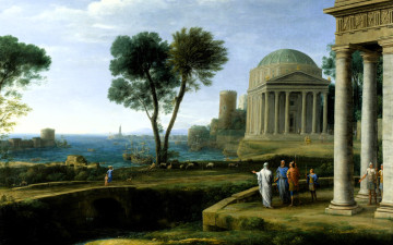 обоя рисованное, claude lorrain, люди, здания, море, мост, деревья