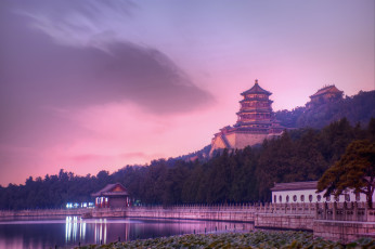 Картинка города пекин китай вечер вода пагода деревья азия храм истории летний дворец всемирное наследие