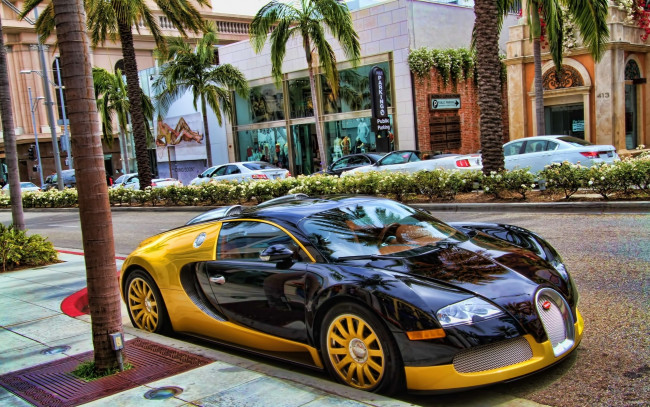 Обои картинки фото bugatti, veyron, 16, автомобили, выставки, уличные, фото, 16-4, машина, автомобиль, желтый, черный