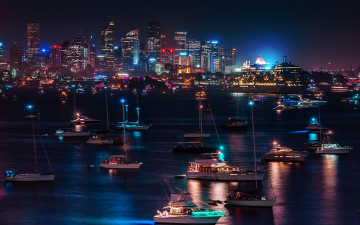 Картинка города огни ночного ночь город океан яхты