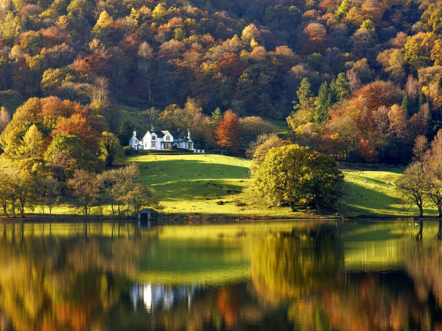 Обои картинки фото природа, реки, озера, река, холм, деревья, осень, дом