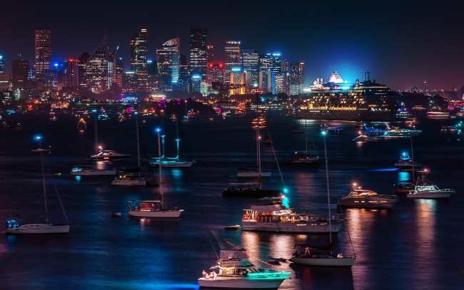 Обои картинки фото города, огни, ночного, ночь, город, океан, яхты