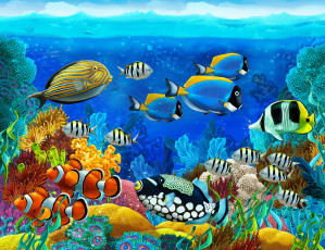 обоя рисованные, животные,  рыбы, кораллы, рыбы, морское, дно, море
