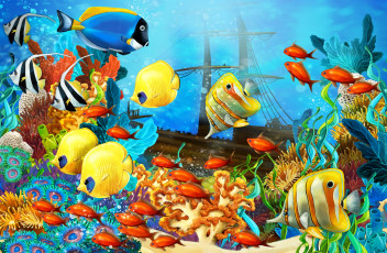 обоя рисованные, животные,  рыбы, морское, дно, кораллы, парусник, корабль, рыбы