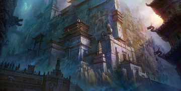 Картинка фэнтези замки храмы горы скалы пагода тибет