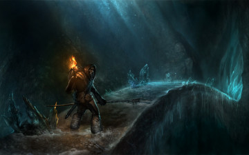 Картинка фэнтези люди пещера мост кристаллы копье человек факел