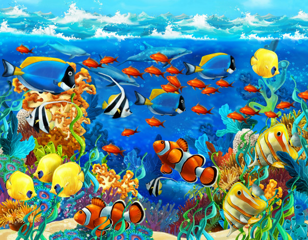 Обои картинки фото рисованные, животные,  рыбы, водоросли, рыбы, море, кораллы, дельфины