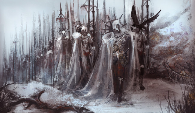 Обои картинки фото фэнтези, люди, рать, войско, доспехи, копья, снег, ворон, командующий