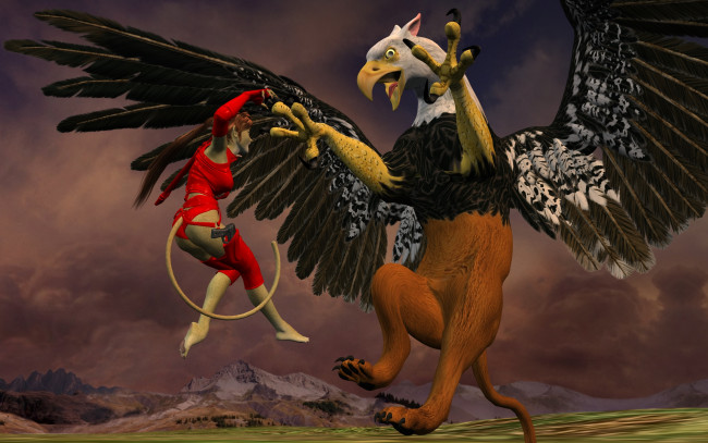 Обои картинки фото 3д графика, fantasy , фантазия, девушка, кошка, крылья, клюв, существо