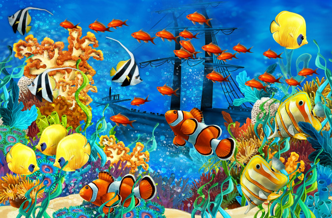 Обои картинки фото рисованные, животные,  рыбы, водоросли, кораллы, парусник, корабль, рыбы, морское, дно, море