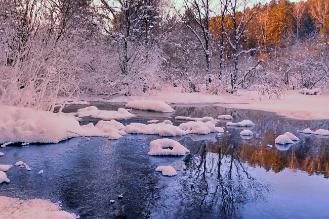 Обои картинки фото природа, зима, река, снег, лес