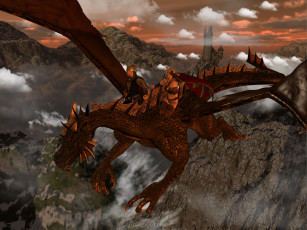 Картинка 3д+графика существа+ creatures облака горы полет дракон пейзаж