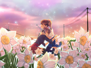 Картинка аниме kantai+collection небо цветы арт девушки b-a-pple объятия нарциссы