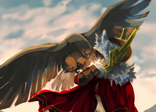 Картинка аниме животные +существа арт крылья птица девушка орёл
