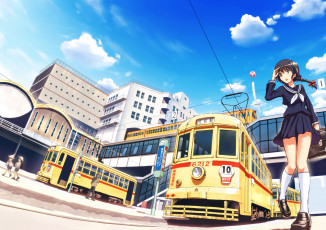 Картинка аниме город +улицы +здания девушка арт улица облака небо трамвай здания tsukuyomi touka