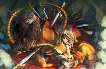 Картинка аниме животные +существа раны смерть мечи птица гриф кровь арт девушка животное оружие